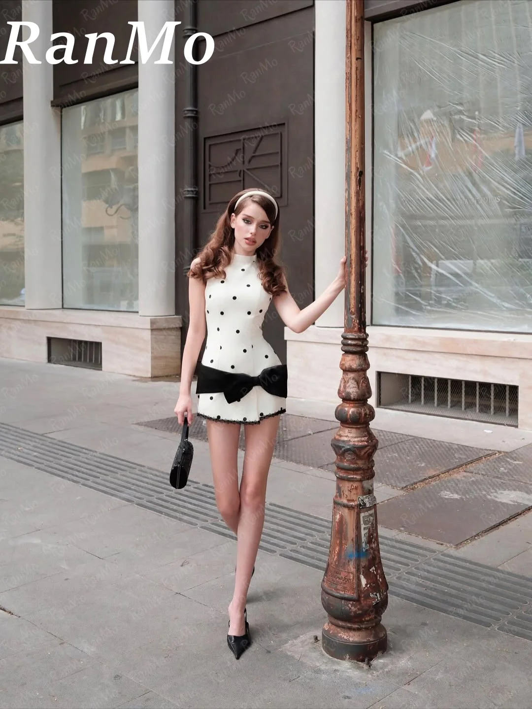 Ranmo Modern Short Satin Prom Dresses for Women Sleeveless Dot Pleated Abito Da Sposa Party Gown With Bow O-Neck Customized 2025