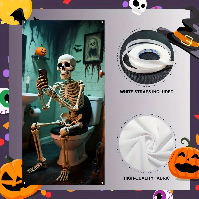 لافتة ثنائية الأبعاد، ديكور باب المرحاض هيكل عظمي للهالوين - مشهد حمام رعب مع الخفافيش والقرع وشبكات العنكبوت - بوليستر #3