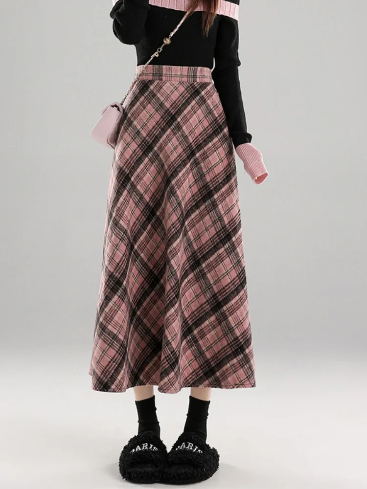 

Зимняя винтажная клетчатая юбка трапециевидной формы, женская осенне-зимняя клетчатая длинная юбка-зонтик, розовая юбка, маленький размер, юбка с высокой талией