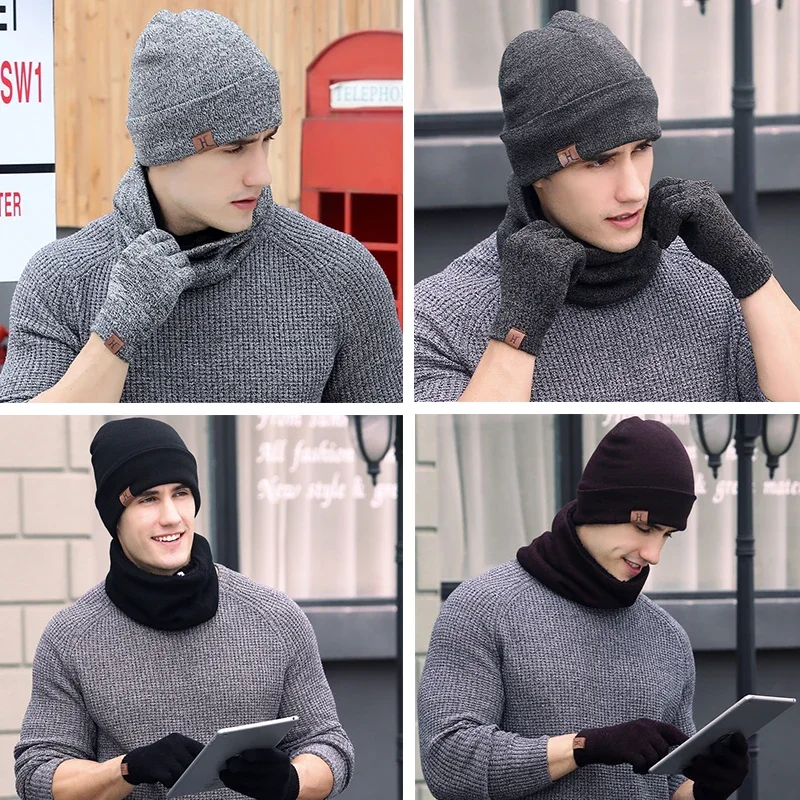 Winter Warm Hat Scarf Warm Scarf Hat Gloves Set Male Female Hat Scarf Set 3 Pcs Skullies Beanies