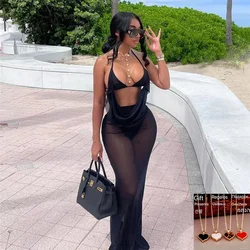 2024 Sexy See Through Halter Dress+Panties Women Summer Beach Stylish Fake Two Backless Long Bodycon Skinny Elastic Streetwear