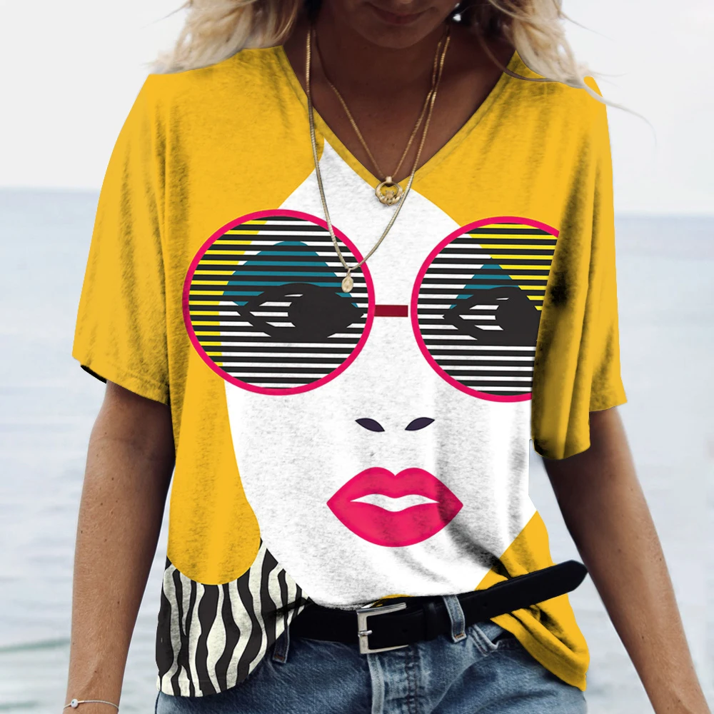 Summer Women\'S T-Shirt Fashion New V-Neck Tshirts Abstract Human Face Pattern Print Women\'S Fun Tees Short-Sleeved Tops Pullover