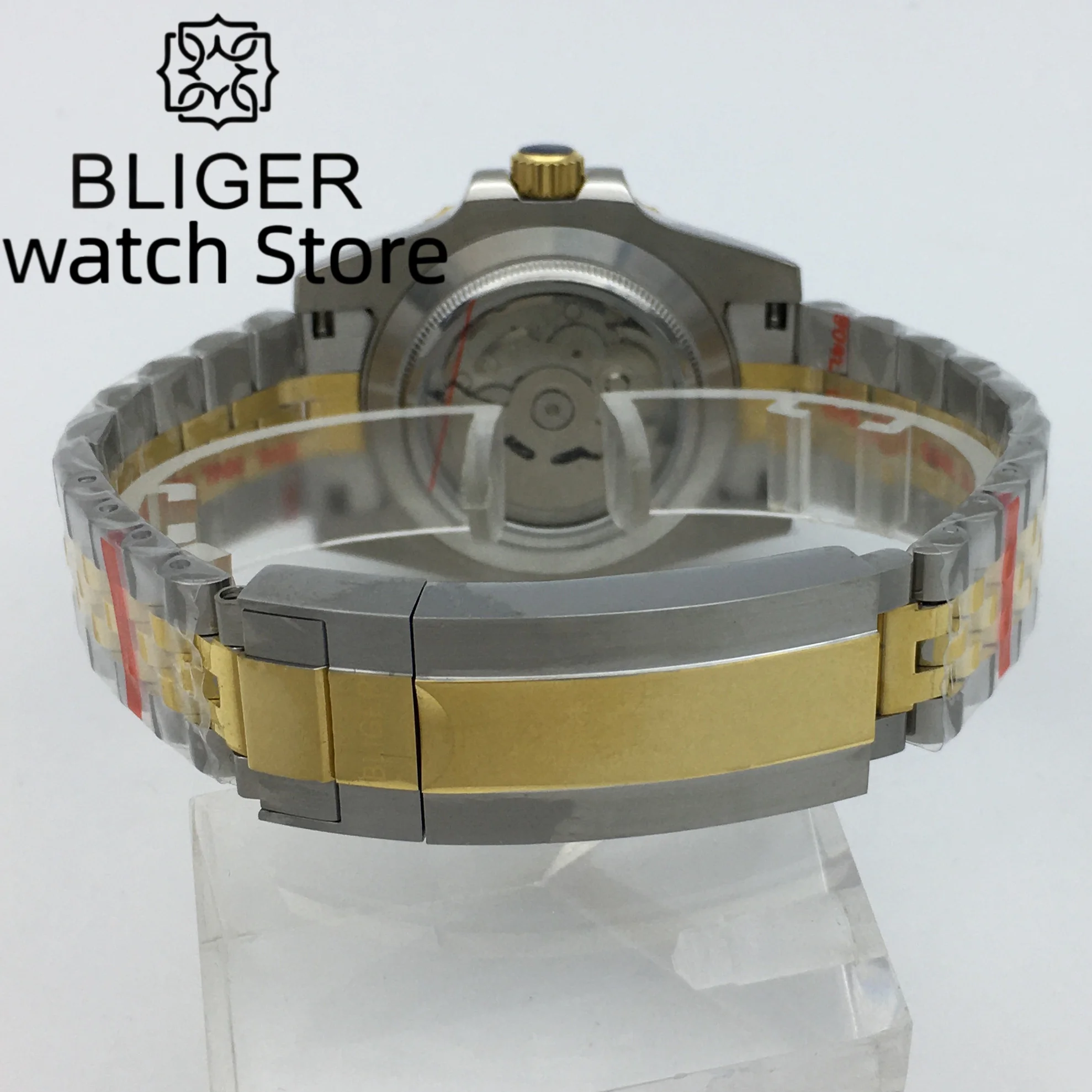 Bliger40mm Gold Silver Case Automatic Men's Watch Sapphire glass NH34 gmt Automatic Date Window Metal strap Ceramicluminousbezel