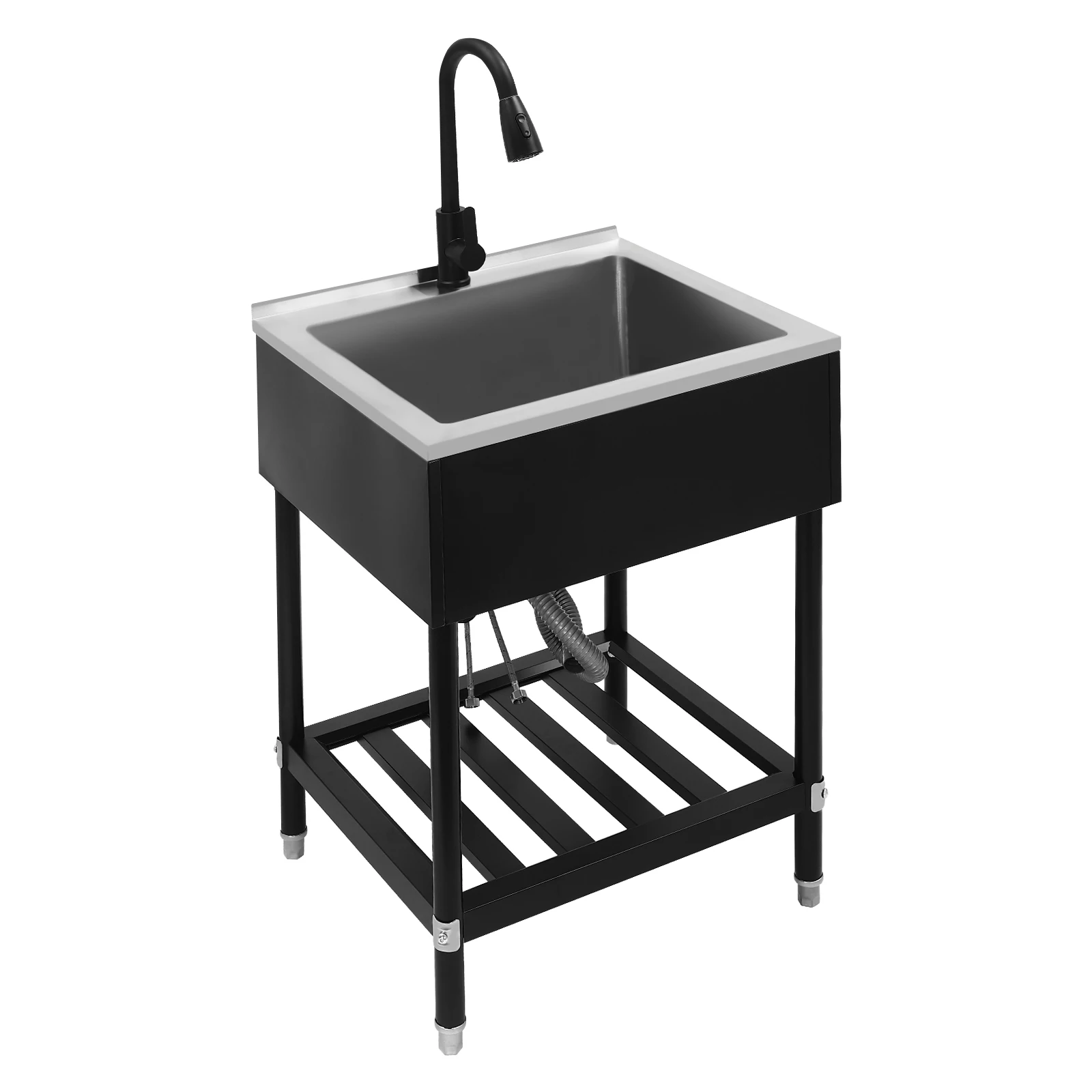 Black&Silver，Durable Kitchen sinks with Pull-Out Faucet, Adjustable Temperature, and Space-Saving Bottom Shelf