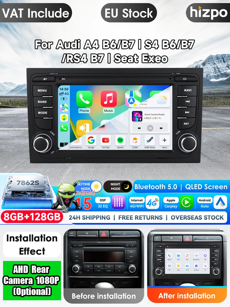 Hizpo 7 Zoll Kabelloses CarPlay Android Auto Autoradio für Audi A4 B6 B7 S4 RS4 2000-2009 Multimedia Kabelloses Apple CarPlay Intelligente Systeme IPS Touchscreen Stereo Videoplayer 2Din Autoradio