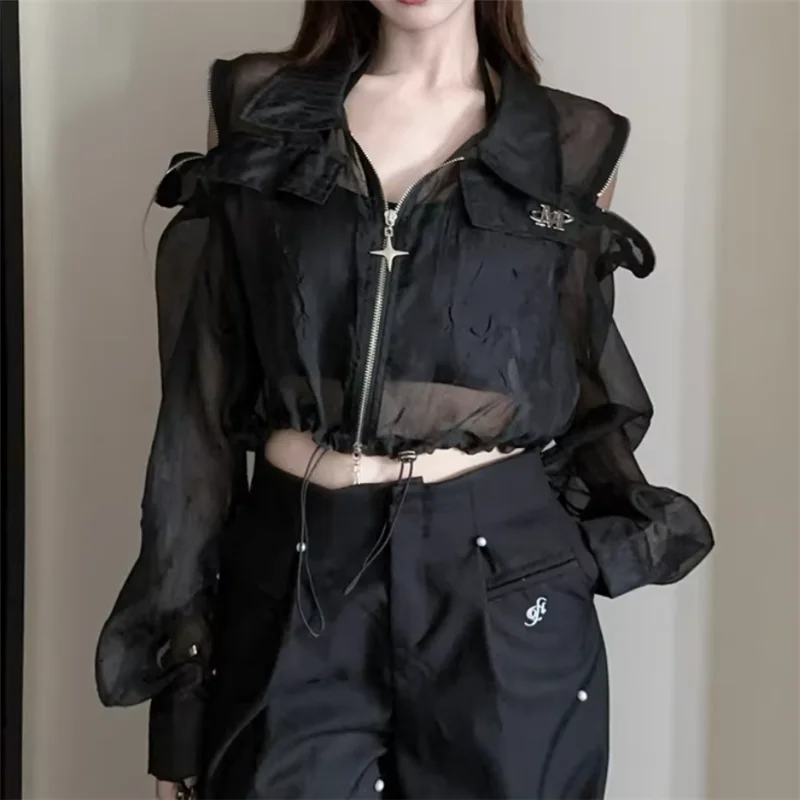 

Новая коллекция Весна-Лето 2026: Прозрачная черная блузка с длинным рукавом, молнией и завязками, тонкая куртка-накидка, защита от солнца, короткий сетчатый топ