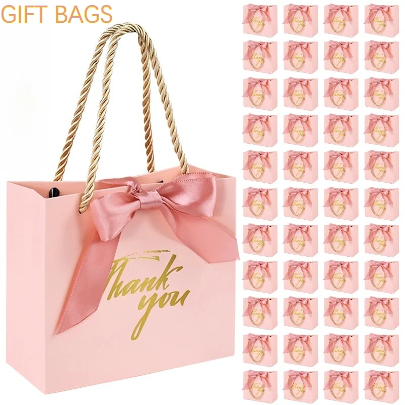 20/50 Stück Dankeschön-Geschenktüten, wiederverwendbare Papier-Partytüten mit Griffen, goldene Schleifenband, Mini-Rosa-Partygeschenktüten zum Geburtstag