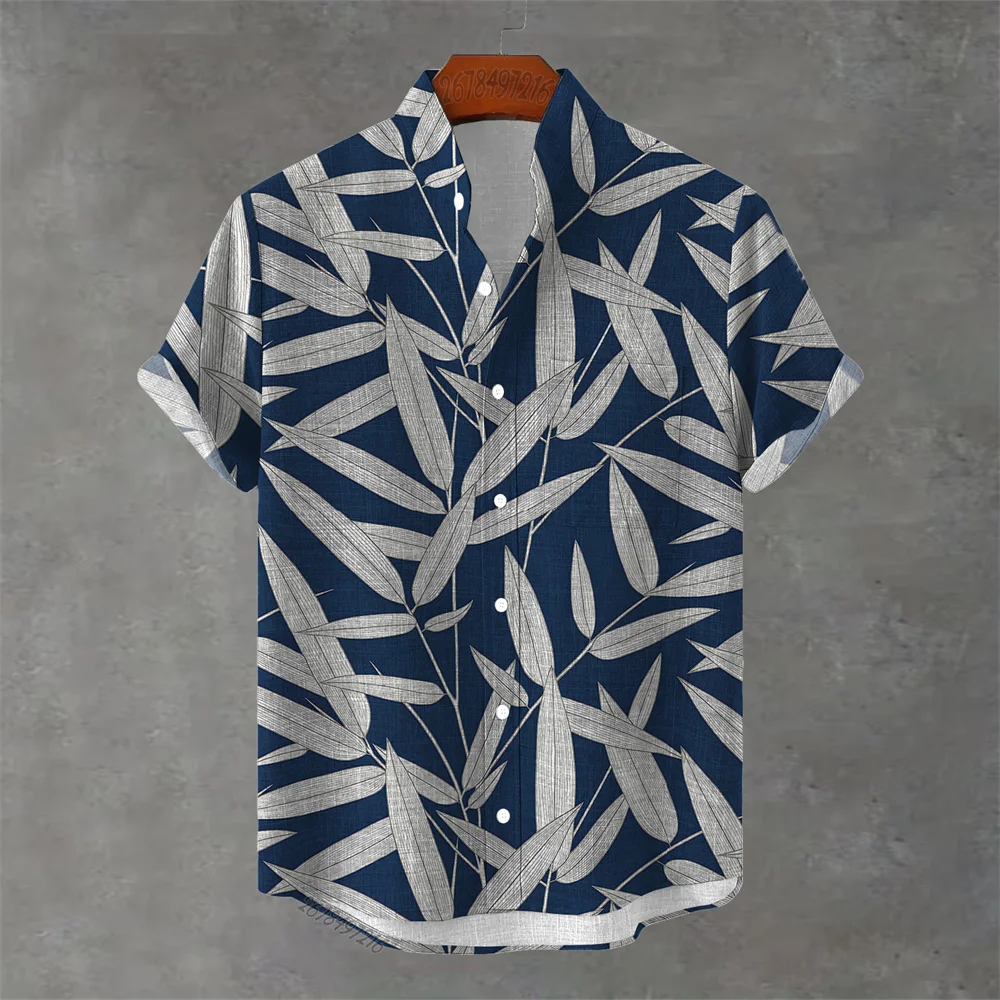 2026 Summer New Arrival Bamboo Leaf Print Short-Sleeve Shirt, Men's Loose Fit Stand Collar Chinese Retro Casual Resort Style