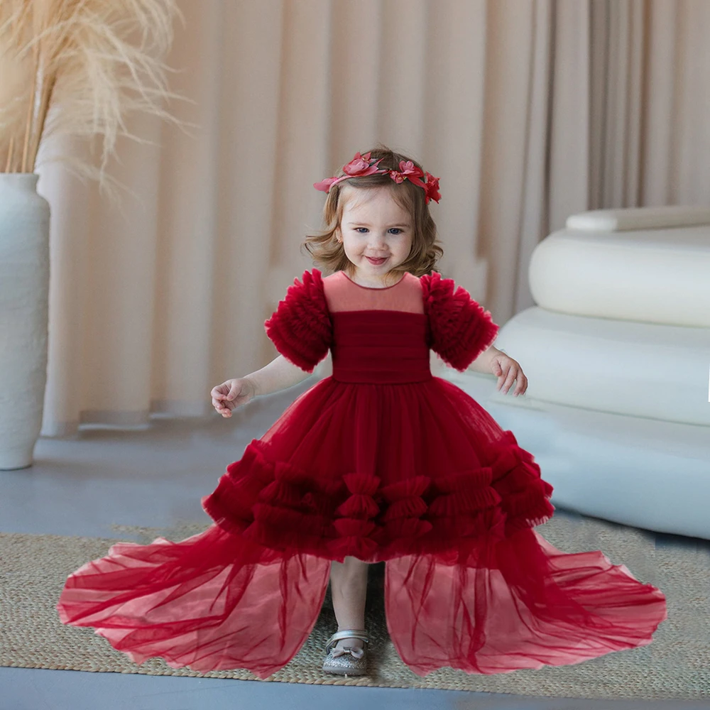 Cute Girls Vintage Red Trailing Tutu Dress Toddler Girl 1st Birthday Baptism Party Dresses Baby Lace Fashion Evening Prom Gown