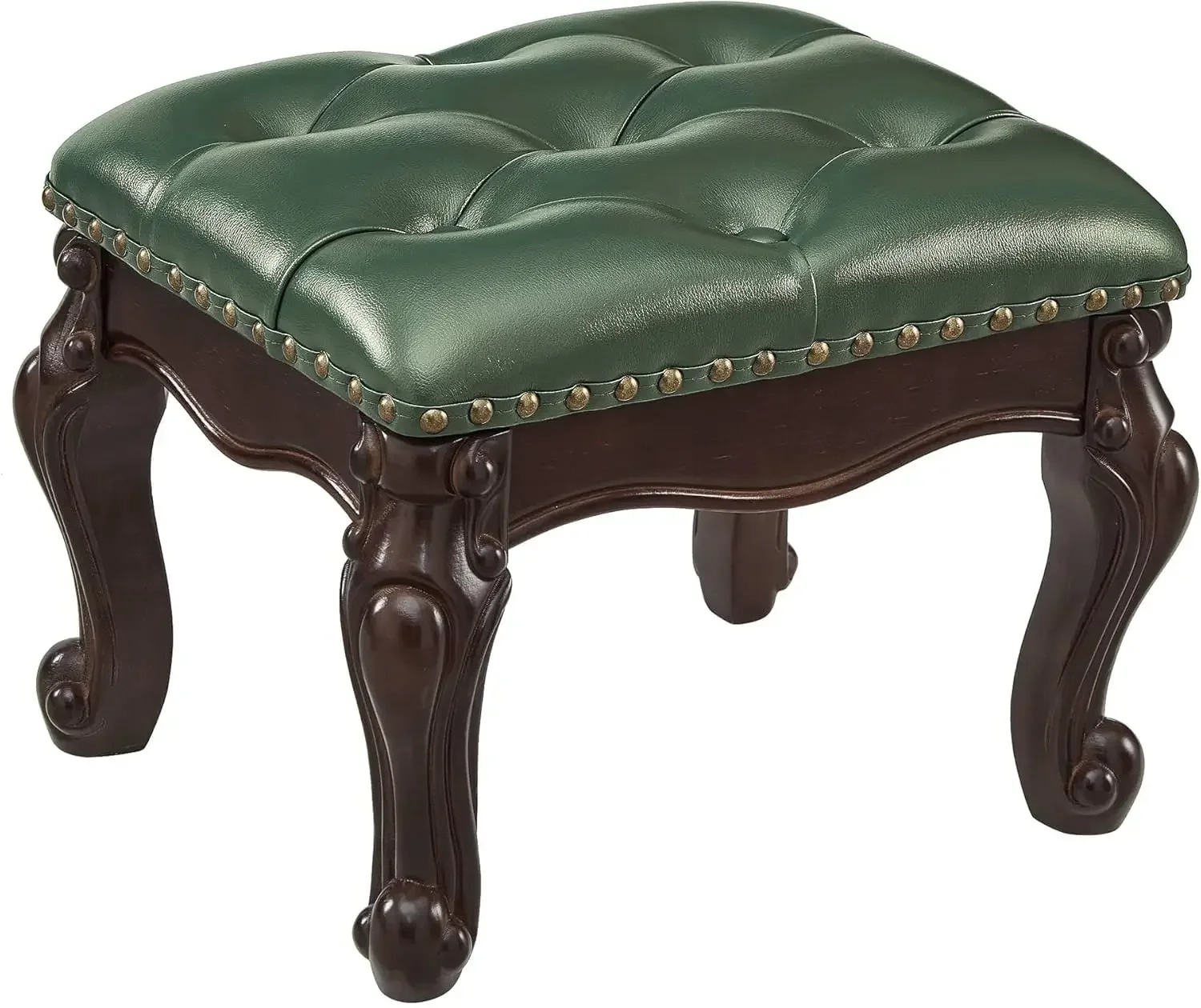 

Dark Green Vintage Leather Foot Stool Solid Wood Ottoman Foot Rest Living Room Entryway Shoe Bench