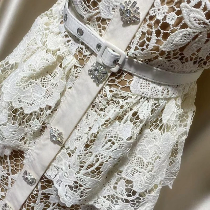 Fashion Chic Lace Bodycon Slim for Women Summer Designer Luxury Short Sleeve Ruffles Midi Long Pencil Dress Vestidos Femme