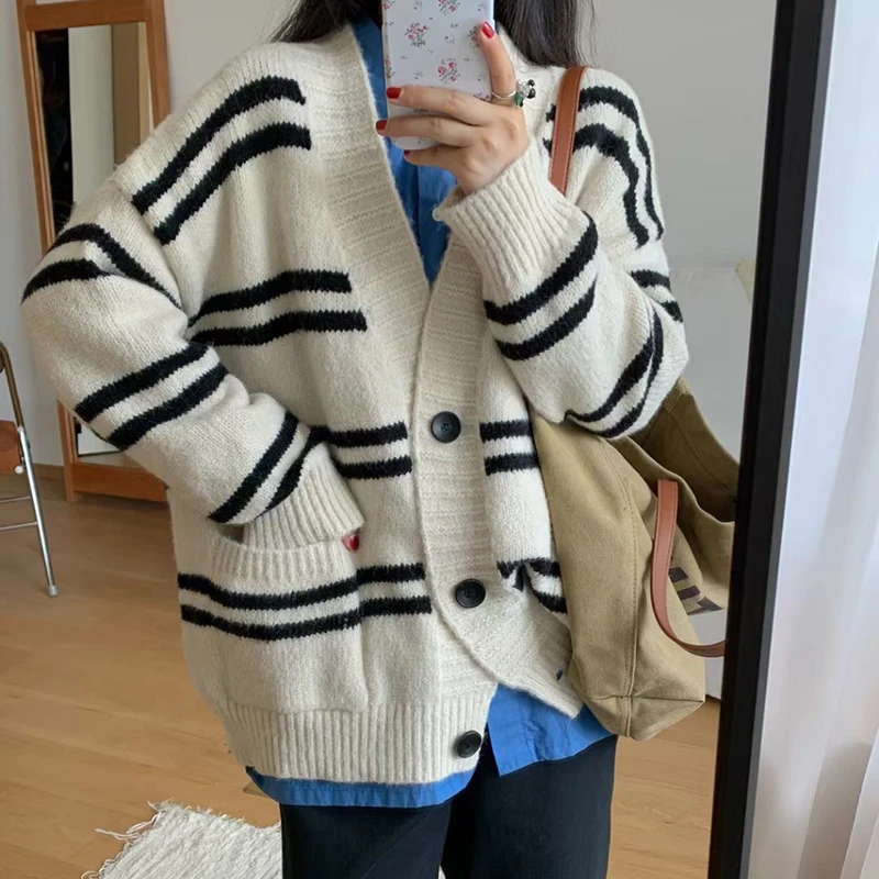 Cardigan listrado com decote em v, suéter solto, jaqueta feminina, novo outono/inverno, casacos de malha com bolso, manga comprida, roupas doces