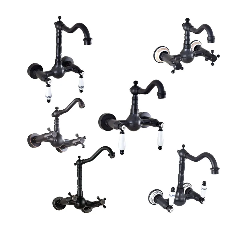 

Black Oil Rubbed Brass Bathroom Kitchen Sink Basin Faucet Mixer Tap Swivel Spout Wall Mounted Dual Handles Levers mzh028