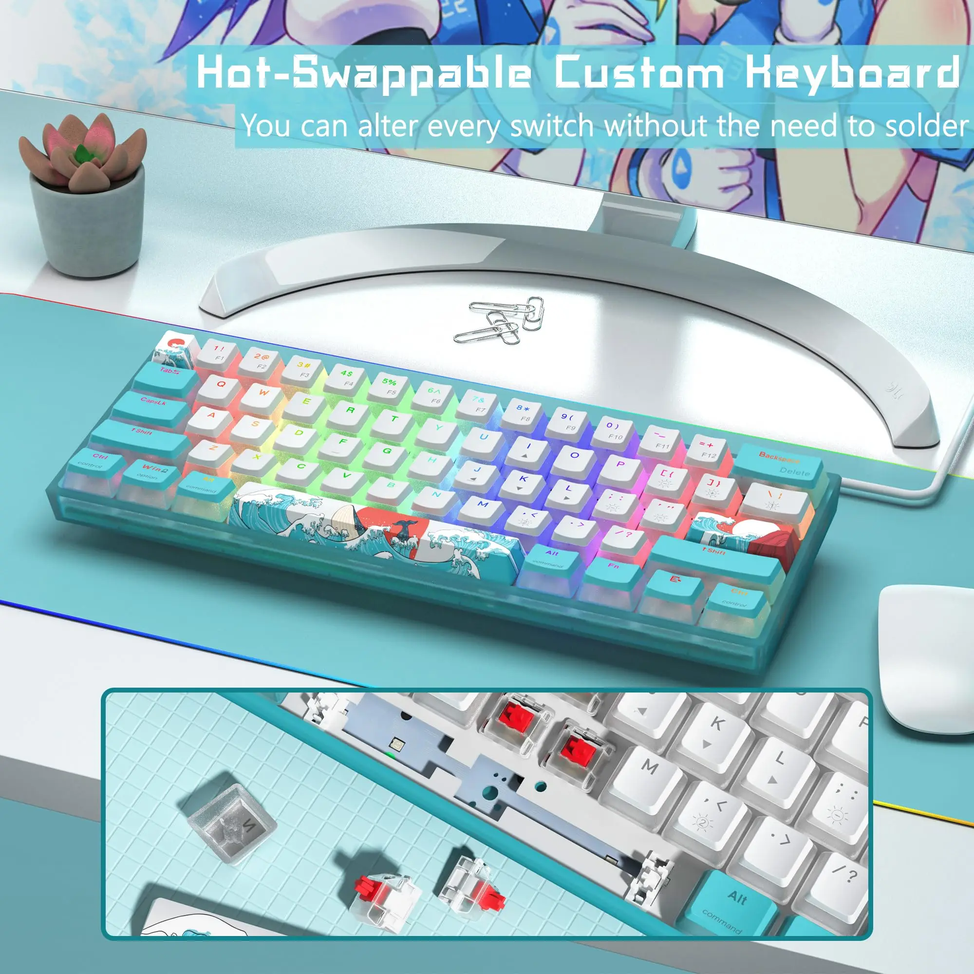 Imagem -04 - Teclado Gaming Wk61 Rgb Wired Hot-swappable Blue Sea Theme Pbt Keycaps para Windows pc Gamers Wk61-mechanical