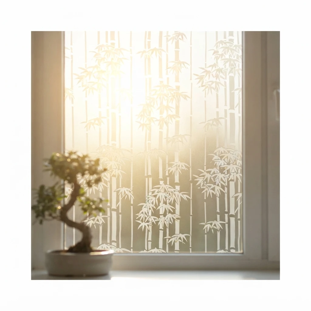 Elegant Vertical Bamboo Silhouette Window Film Self-Adhesive Frosted Privacy Protection Waterproof Oil-Proof Anti UV Heat