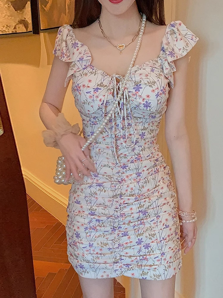 

Сексуальное летнее платье с цветочным принтом, глубоким вырезом, плиссировкой и кружевной отделкой, облегающее, с юбкой-оберткой для молодых женщин