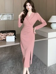 Women Pink Pleated Bodycon Formal Long Dress Autumn Winter Long Sleeve Chic Suit Dress 2026 Korean Fashion Elegant Party Dresses