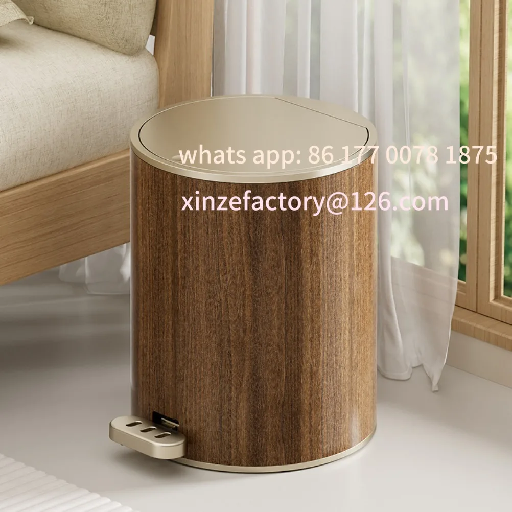 

Customizable Retro Wood Grain Wastebasket Large Capacity Silent Recycle Bin Kitchen Trash with Lid Storage Foot Press Double