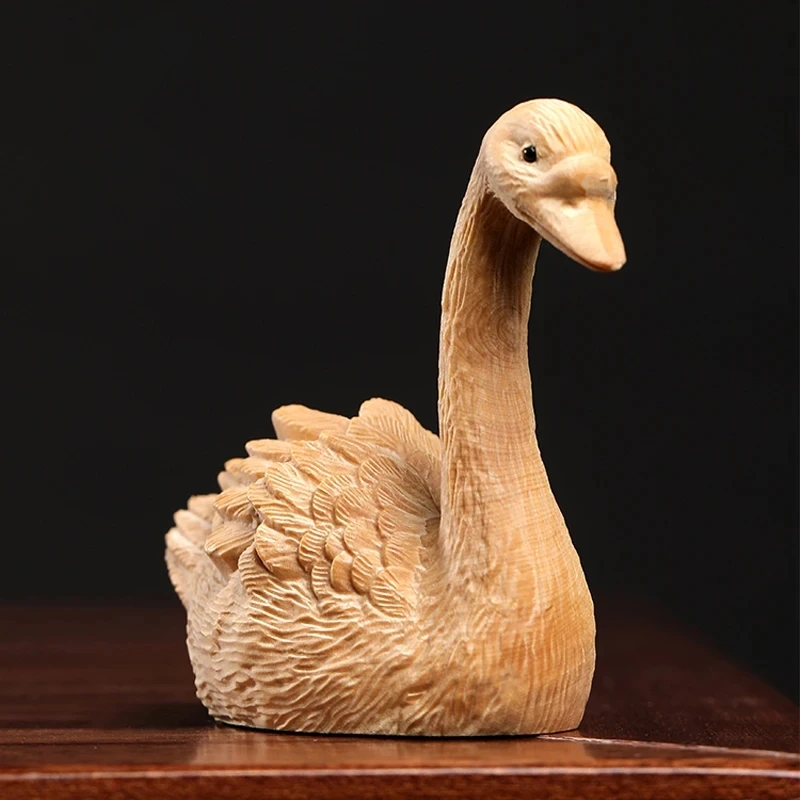 Boxwood wood statue Animal sculpture Solid wood swan decoration handlebar home decoration tabletop crafts