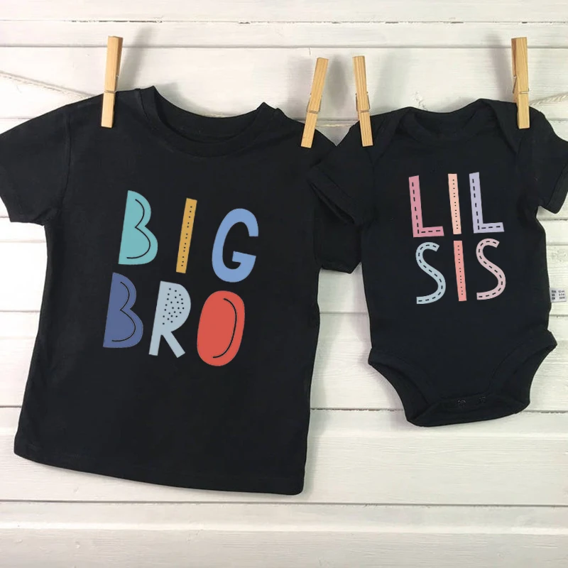 New Big Bro Lil Sis Sibling Clothes Cotton Family Matching Brother Sister Outfits Black Kids Shirt Baby Rompers Birthday Gifts