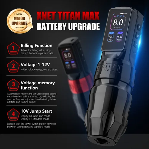 Imagen 2 del producto XNET Titan Max Kit de máquina de tatuaje inalámbrica 20 piezas cartuchos Motor Sin Núcleo batería de pantalla táctil multifunción 1-12V para tatuaje