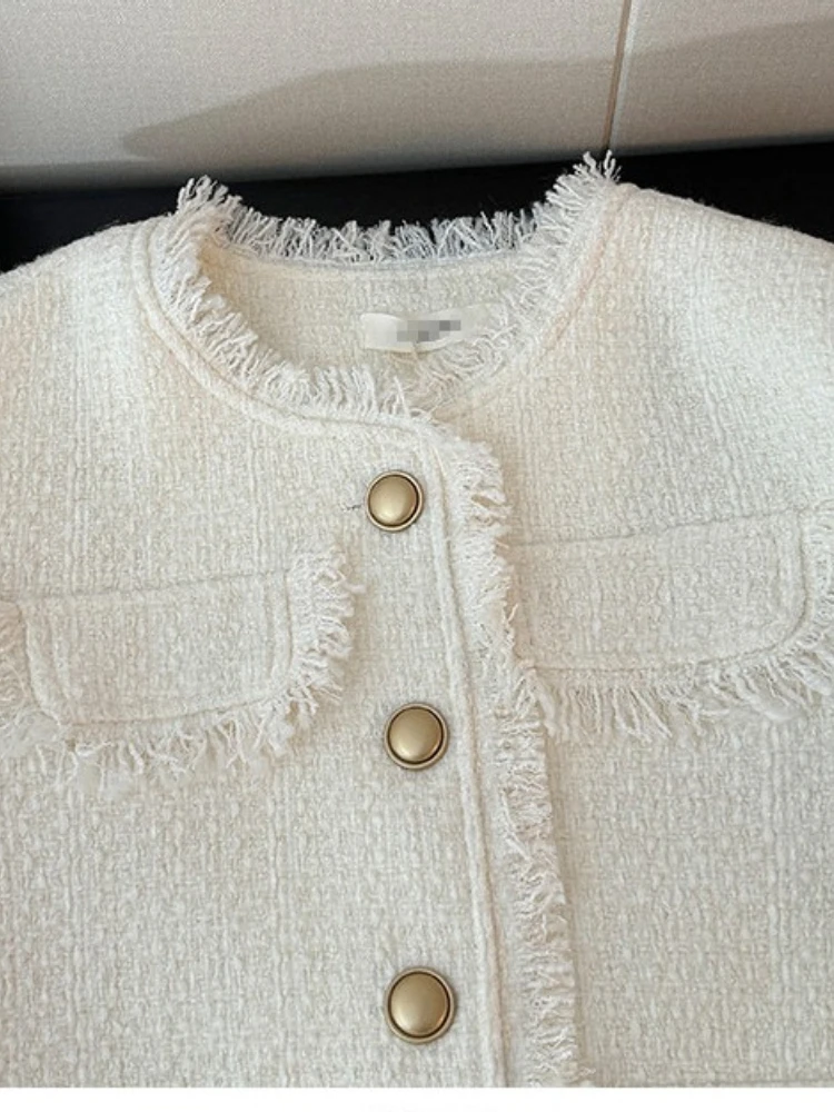 Solid color tweed fringe short style jacket women in spring design sense light luxury loose round neck long sleeved coat view 5