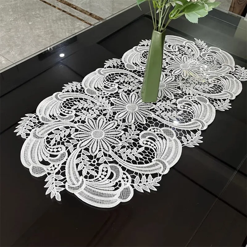 

Pastoral style embroidery crocheted oval tablecloth table mat set Tea set fruit tray vase non-slip Christmas wedding decoration