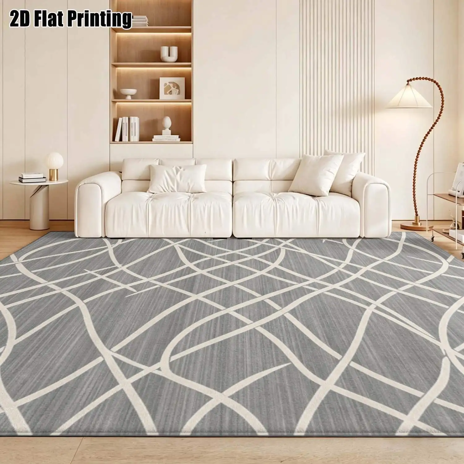 1Pc 2D Printed Nordic Modern Minimalist Carpet, Gray Base with Off-White Interlaced Lines, Machine Washable, Multi-Size, Suitable for Multi-Scene Use in the Home