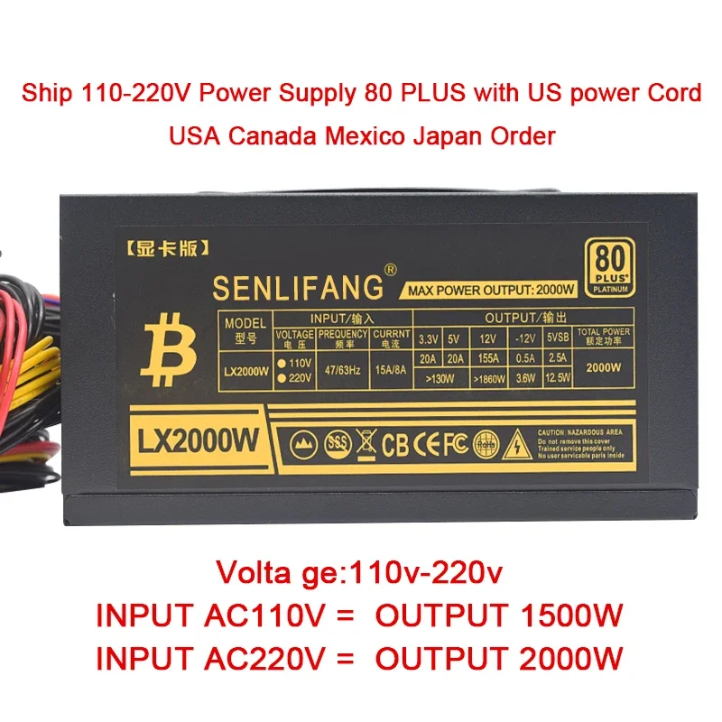 ATX 2000W Penambang Catu Daya untuk Semua Jenis Mesin Grafis Yang Dapat Dihubungkan 8GPU 95% Efisiensi ETH Bitcoin Dll RVN Pertambangan Psu