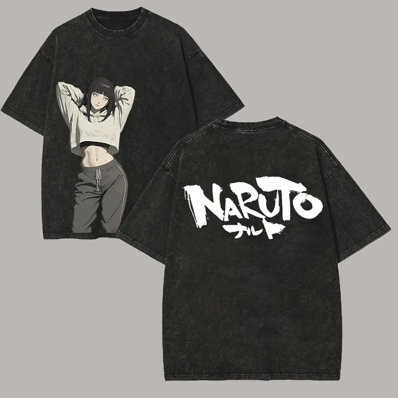 Hinata Hyuga T-Shirt Naruto Herren Acid Wash Rückendruck Waifu Anime Grafik Baumwolle Streetwear Manga Sexy Vintage Bootleg Tee