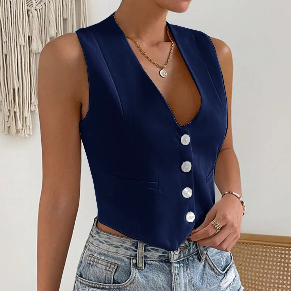 

Womens Vest Top V-Neck Navy Blue Fashion Woman Work Coat High Quality Female Trend Button Waistcoat жилетка женская