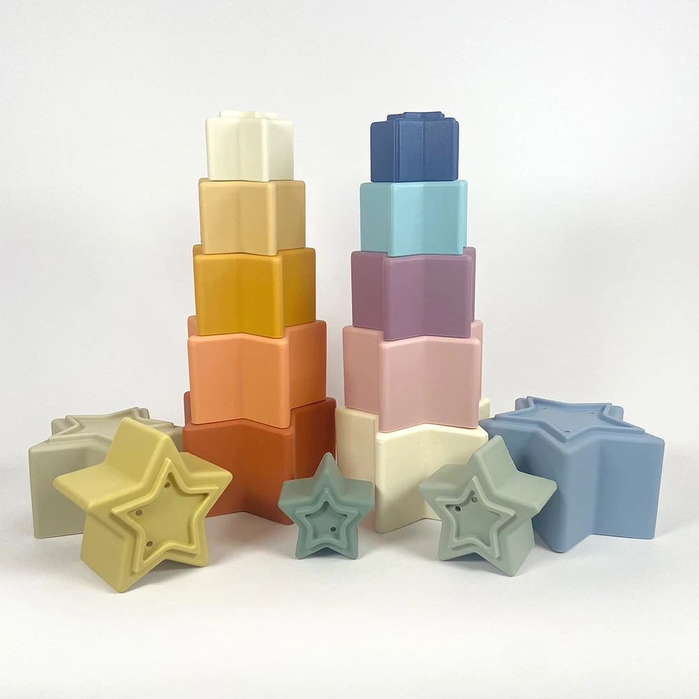 New Silicone Stacked Cup Baby Teether Building Block Star Bath Early Educational Montessori Newborn Gift 0-36 Months Kids Toy