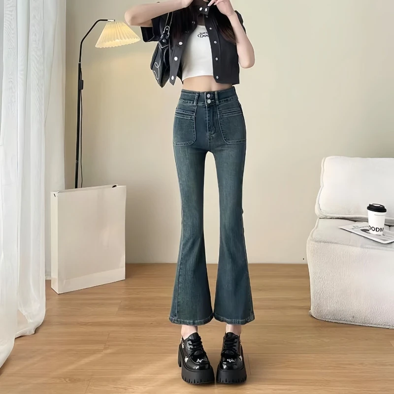 

Women's High Waist Double Button Denim Pants Spring Autumn Slim Bootcut Jeans Stretchy Ankle Length For Petite