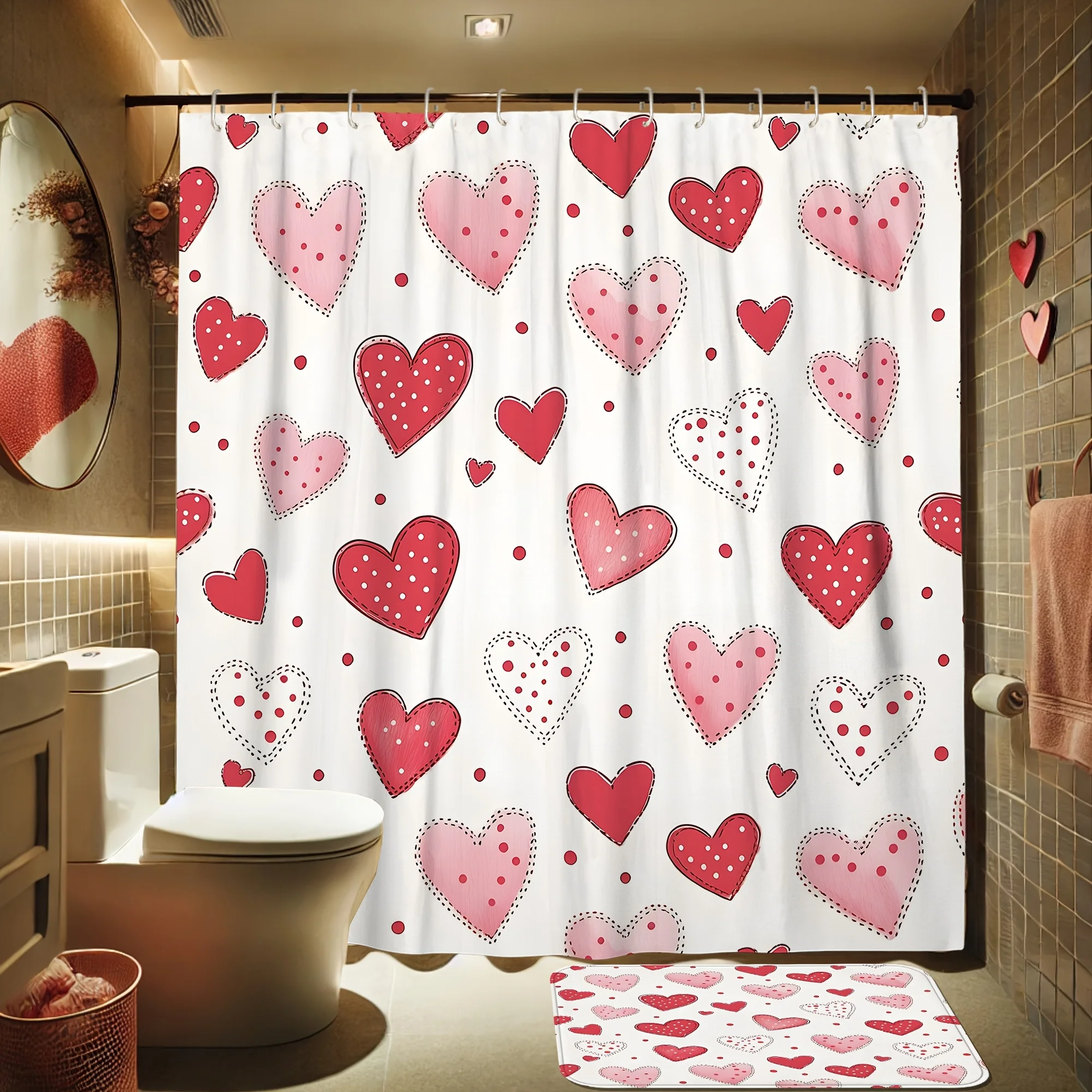

Набор занавесок для душа ко Дню святого Валентина с сердечками и цветочным принтом, милый мультяшный розовый дизайн, машинная стирка, с 12 крючками, для декора ванной комнаты, подарок