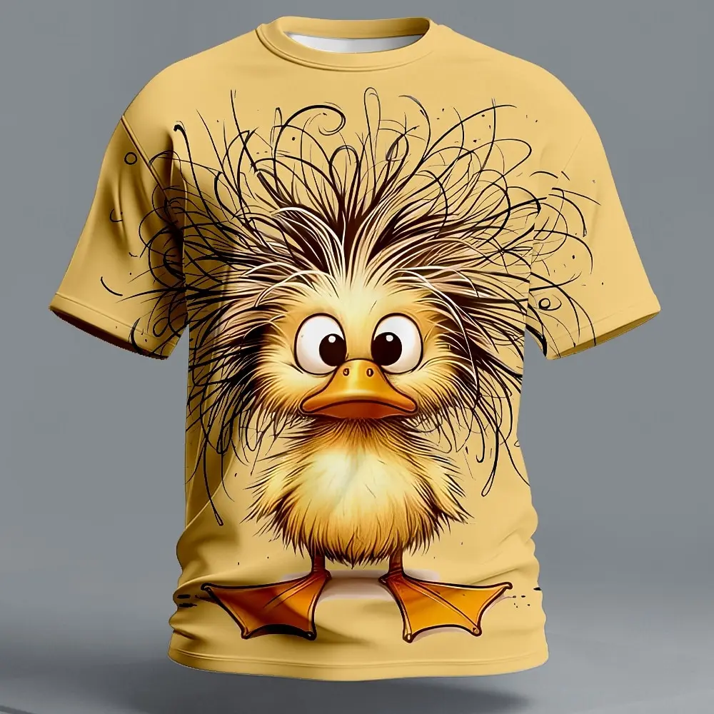 

Fun Messy Hair Duck Print Men's T Shirt Big Eyes Cute Duckling Graphic O- Neck Short Sleeve Tees Summer Casual Daily Men Clothes