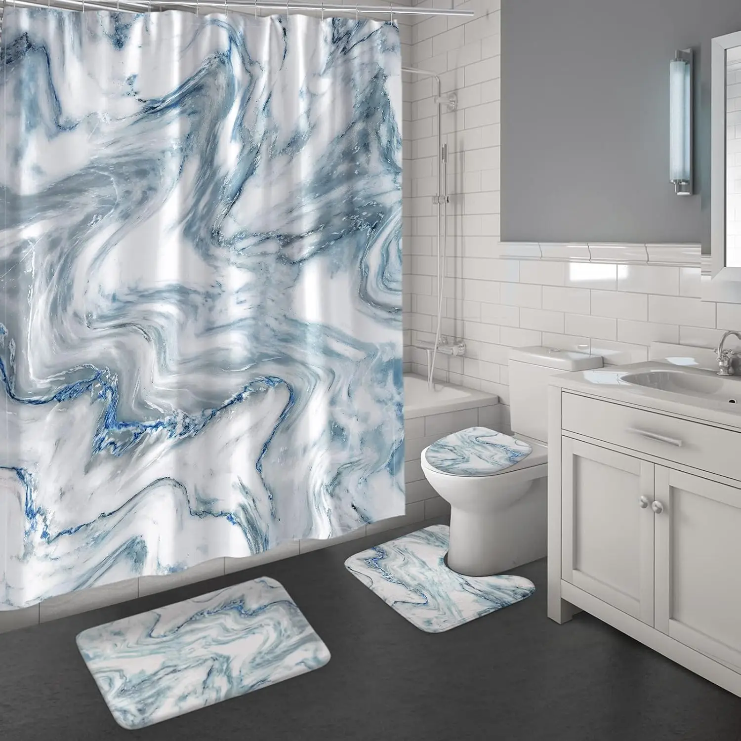 

4 Pcs Blue Marble Bathroom Sets with Shower Curtain and Rugs and Accessories, Abstract Blue Grey Bathroom Shower Curtain Sets