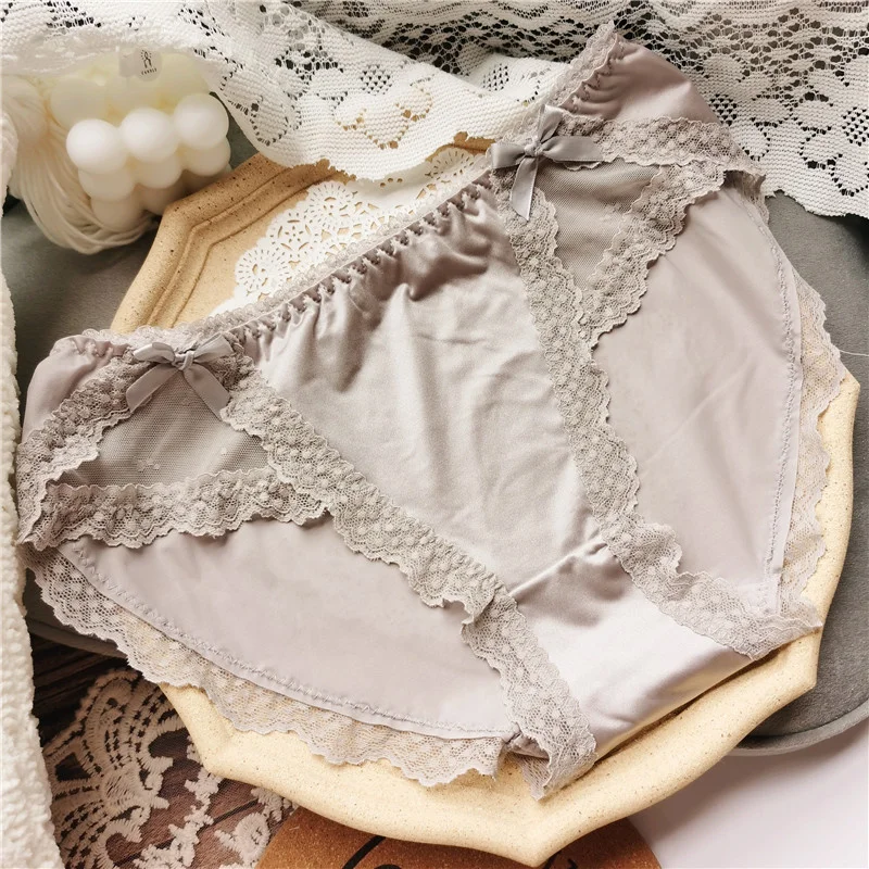 SP&CITY Summer Ice Silk Sweet Girl Cute Panties Lace Transparent Sexy Women\'s Underwear Cotton Crotch Breathable Seamless Briefs