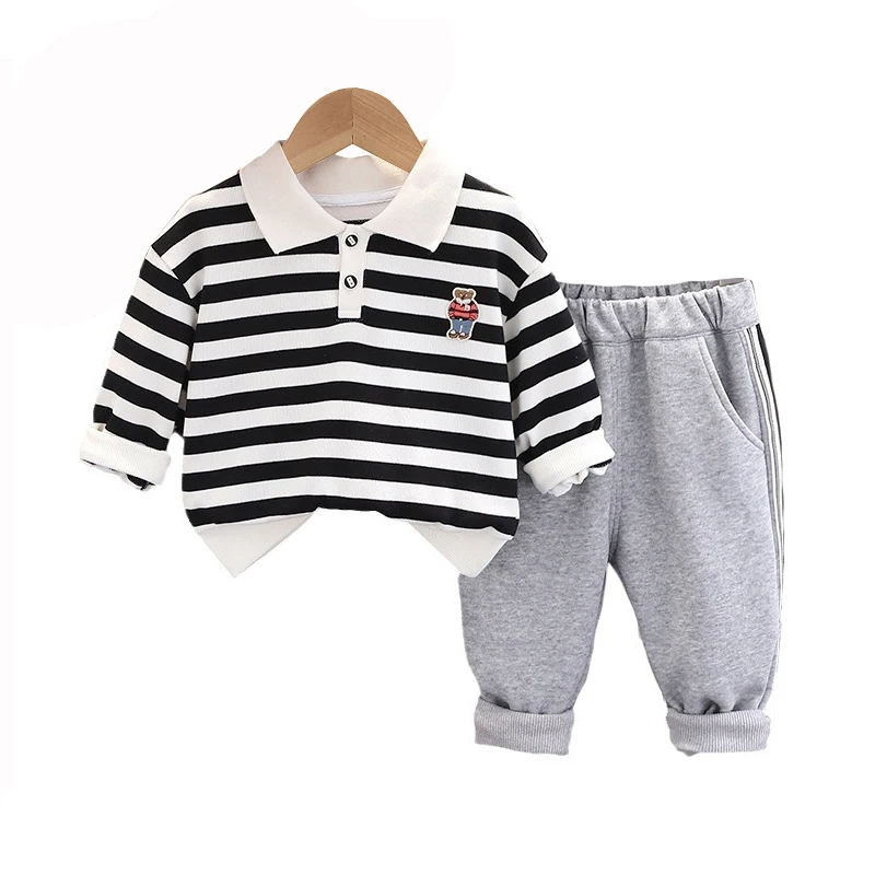 

Toddler Sets 2024 Autumn Baby Boy Clothes 1 To 2 Years Striped Turn-down Collar Long Sleeve T-shirts and Pants Kids Boys Outfits