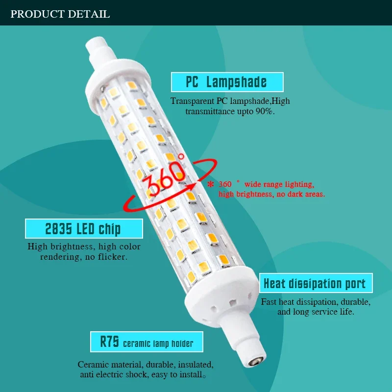 Imagem -03 - Lâmpada de Milho Led R7s 6w 9w 12w Smd 2835 78 mm 118 mm 135 mm ac 220v Energy Saving Tubo de Cerâmica Substitua a Luz do Halogênio