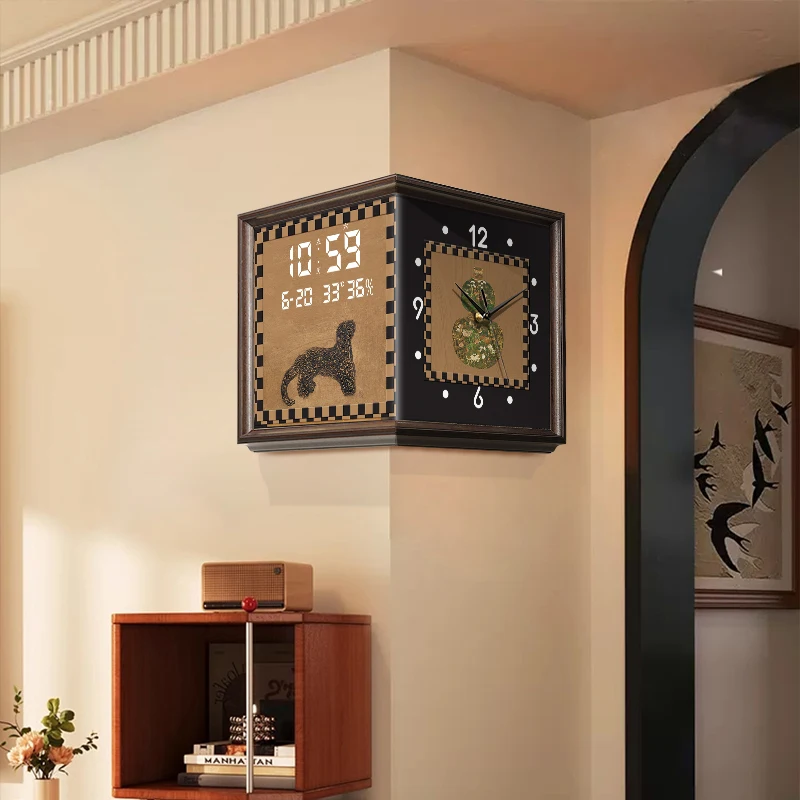 Luxury Mid Ancient Style Leopard Corner Clock Double-side Wall Clock Creative Retro Perpetual Calendar Digital Clock