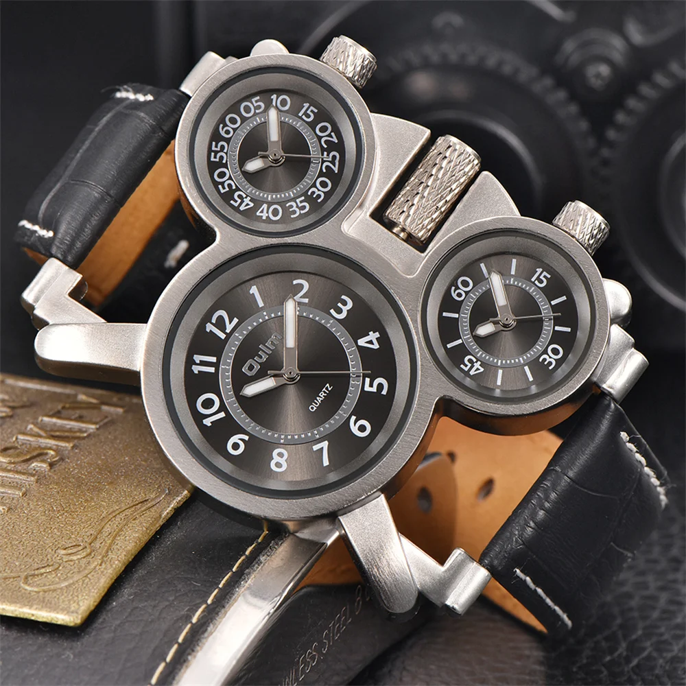 Punk Style Men Watches Oulm 1167 New Retro Male Quartz Watch Unique 3 Time Zone Quartz Clock Leather Man Military Wristwatch