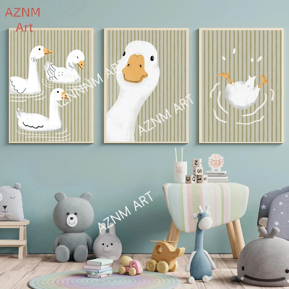Goose Cartoon Art Poster Canvas Printing Children's Bedroom Wall Decoration Painting Frameless Modern Cute Green Duck Striped