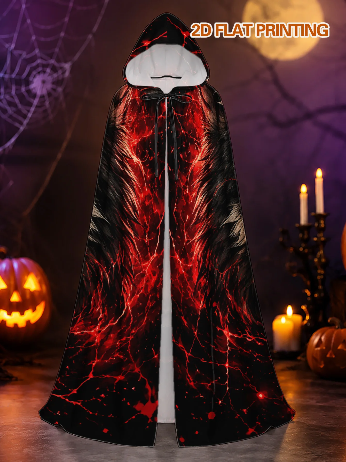 Customization 1pc, Seasonal Hooded Costume Cloak With Fiery Wolf And Red Eyes Elements, Long Robe For Adult Holiday Celebrations