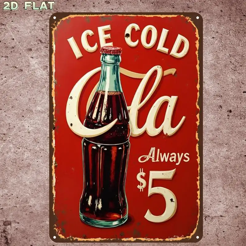 2D Flat Surface, 2D Flat Surface, 1 Piece, Retro Nostalgic Iced Cola Sign Art Print Metal Tin Sign, Pre-Drilled, Suitable for Indoor, Garden, Outdoor, Bathroom Decoration, 2D Flat Surface