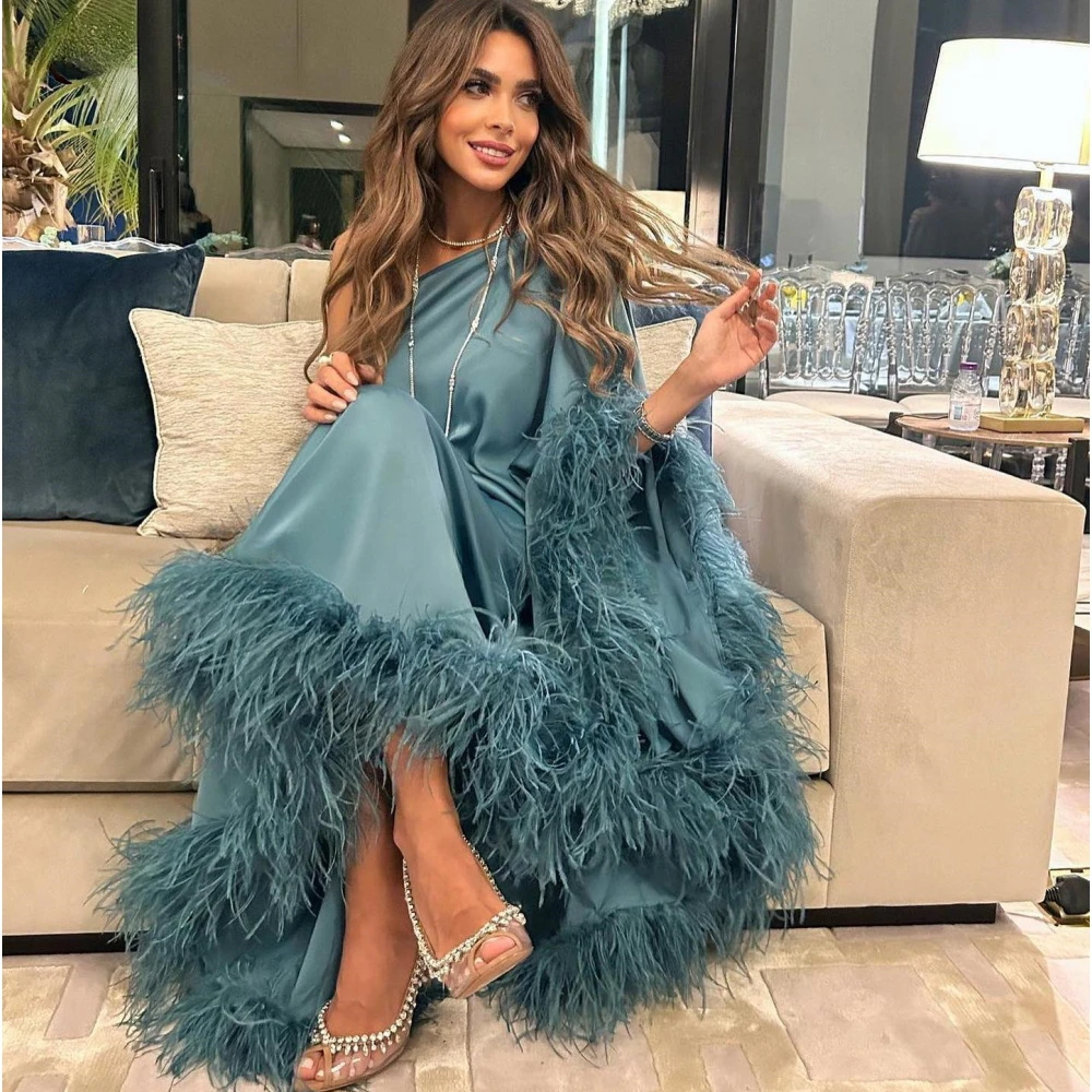 Customized Jiayigong One Shoulder Backless Evening Formal Saudi Arabia Bell Sleeves Feathers Party Dresses Gowns Women