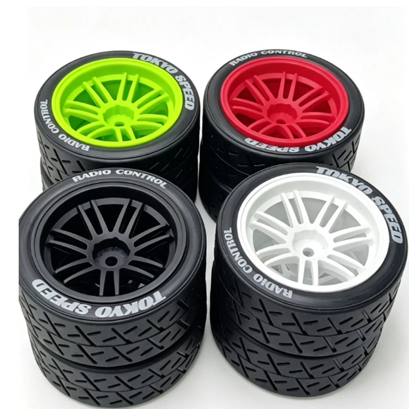 4Pcs 1/10 RC Drift Car Wheels Tires Set TOKYO SPEED White Letter Hard Drifting Tyres Multi Spoke Rims Black Red Green White 4 Co