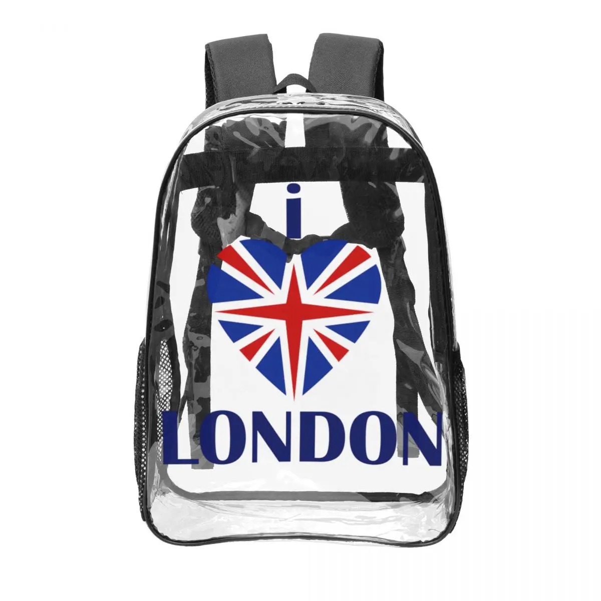 

Прочная прозрачная сумка с принтом Union Jack и сердечками в патриотическом стиле Великобритании, для путешествий, школы и активного отдыха, с надписью "I Love London"