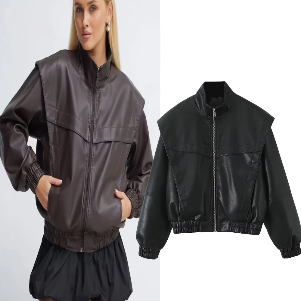 

Faionable Casual Women's PU Leather Jaet Stand Collar Zipper Loose Fit Long Sve Coat Versatile Commute Sle Spring Se...