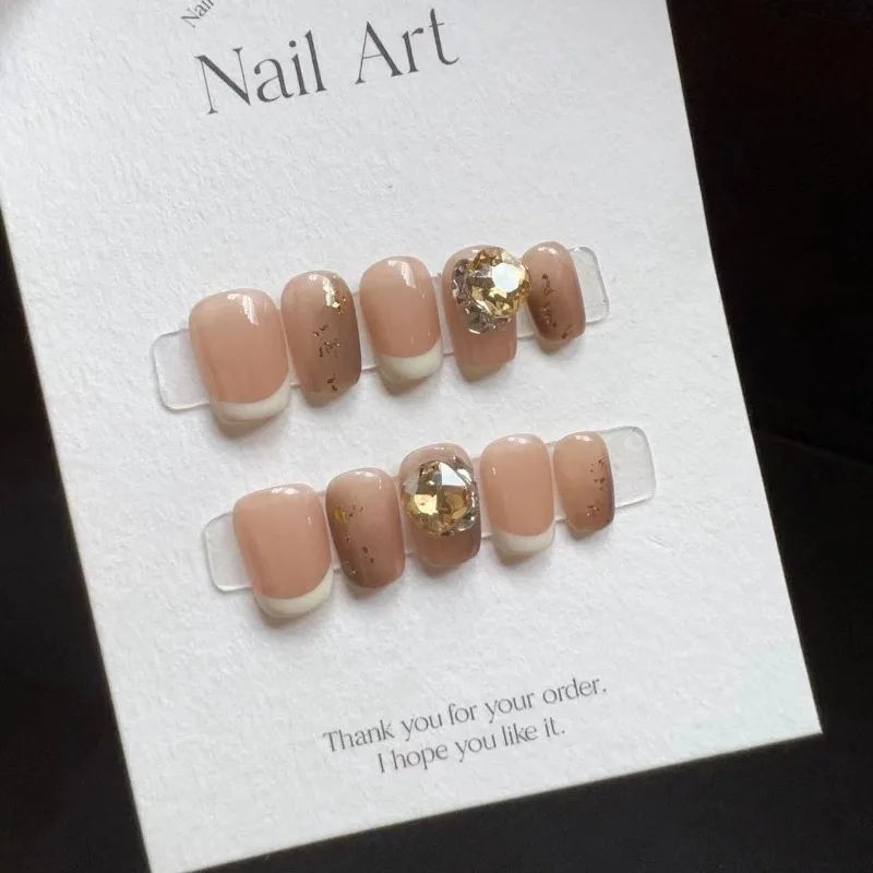 False Nails Fake Nails Full Cover Press on Nails Diy Pure Handmade Removable Reusable Diamond 10Pcs Mocha Champagne Gold Foil