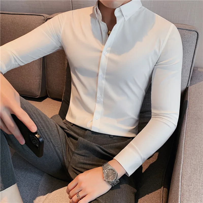 British Style Men Long Sleeved Shirt 2024 Autumn Anti-wrinkle Soft Solid Casual Elastic Slim Fit Camisas Y Blusas Men Clothing